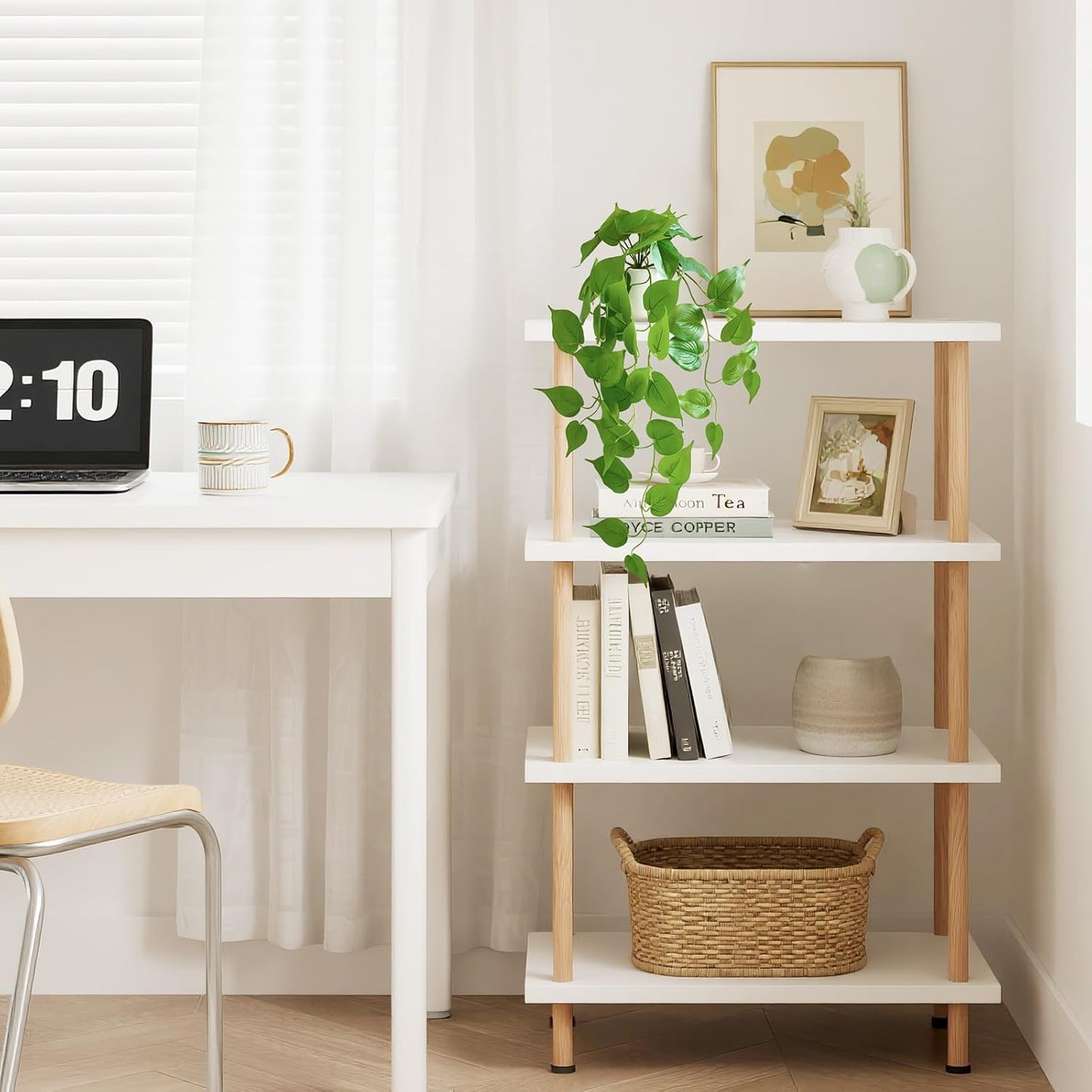 Mkono Fake Hanging Plants with Ceramic Pot, 25" Artificial Plants for Home Decor Indoor Faux Green Leaf Plant with Modern White Planter for Desk Shelf Bathroom Decoration (Pothos)