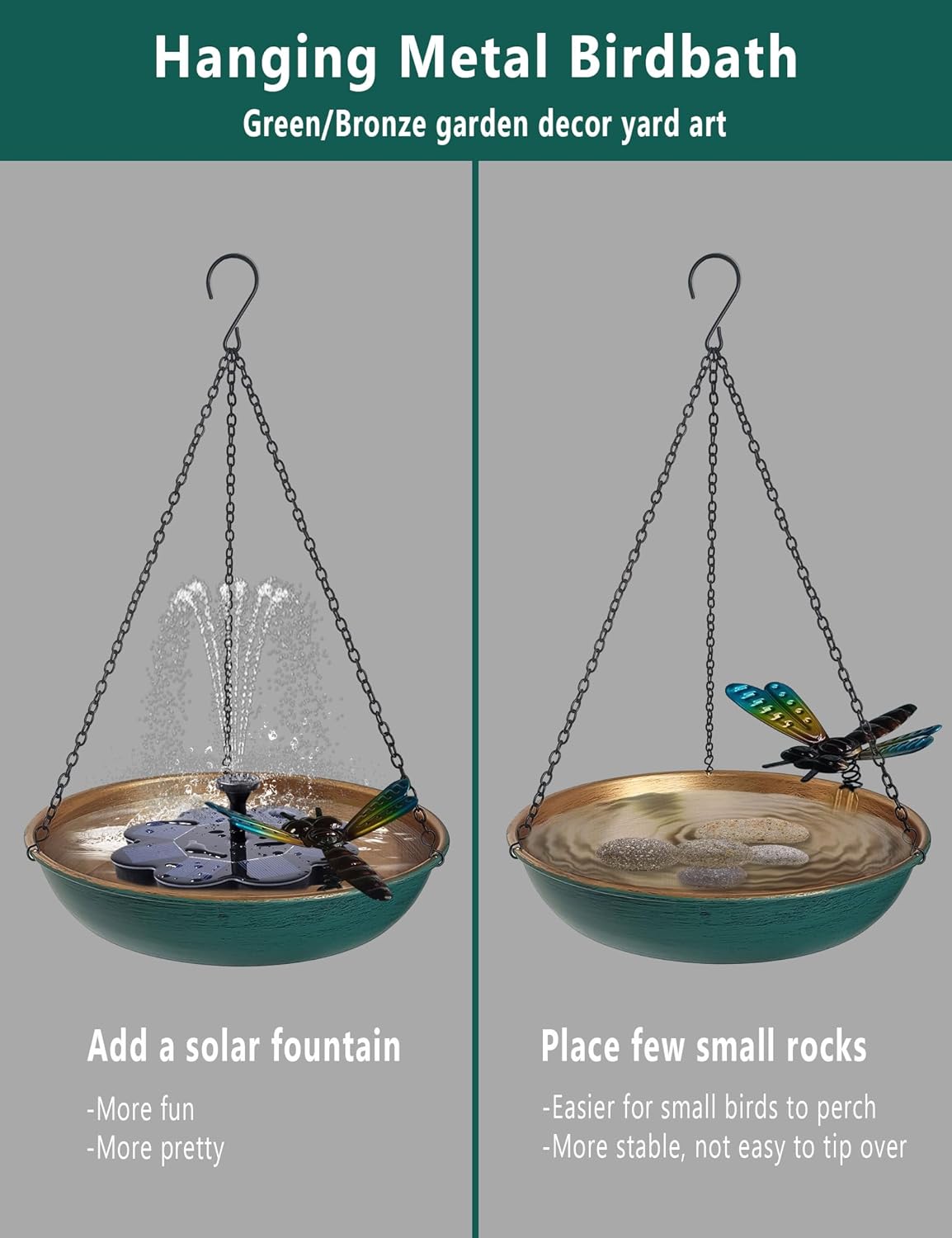Hanging Birdbath Bird Feeder for Outdoor 11 Inch Green/Bronze Cute Met