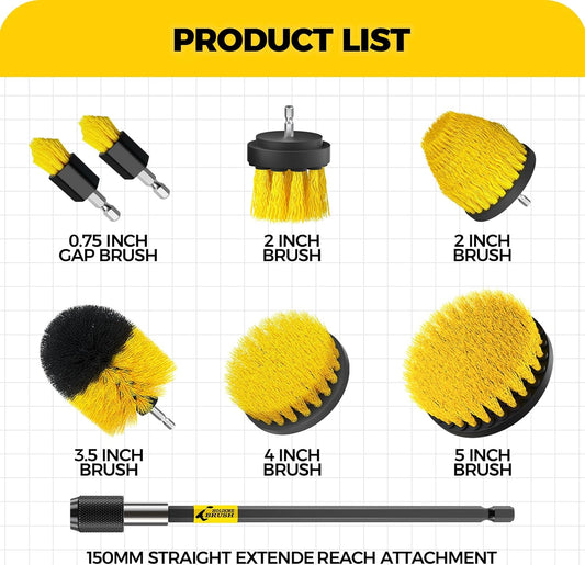 Holikme 8 Piece Drill Brush Attachments Set, Power Scrubber with Extend Long Attachment,Cleaning Supplies for Bathtub, Shower, Grout, Tile(Yellow)