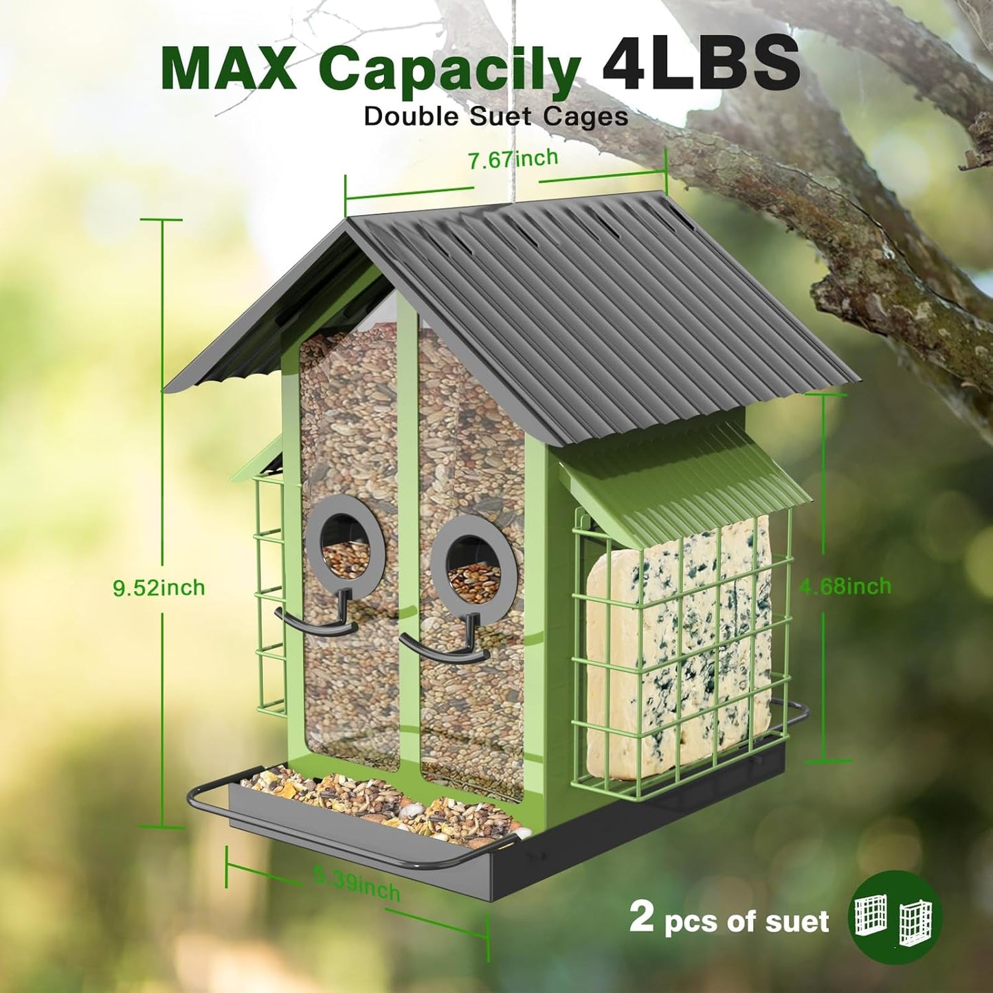 Bird Feeders for Outdoors, Metal Bird Feeder with Double Suet Cage Weatherproof Metal Roof, 2 in 1 Mixed Seeds Suet Feeder, 4Lbs Large Capacity, Great for Finch、Cardinal、Chickadee(Green)