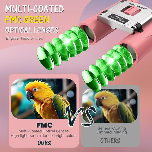 USCAMEL Compact Binoculars for Kids 4-8: 8x21 Small Binoculars Pink Bird Watching Bak4 Prisms - for Boys Girls Travel Outdoor Hiking