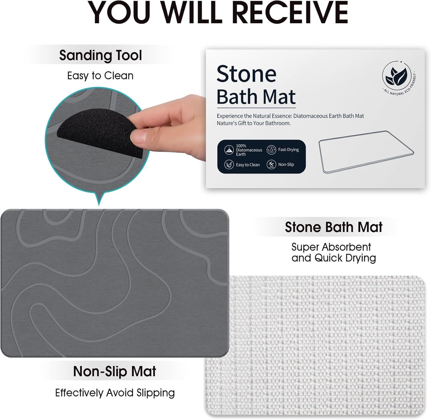 Stone Bath Mat Diatomaceous Earth Shower Mat Non-Slip Super Absorbent