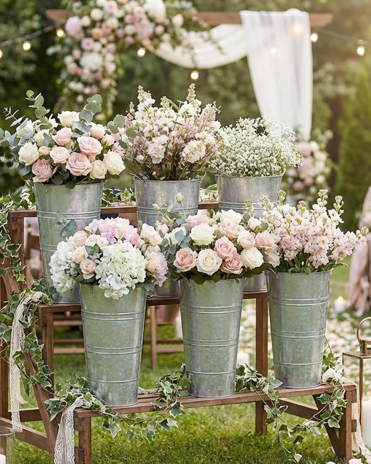 12 Inch Galvanized Metal Vases for Flowers - 2 Pcs Farmhouse Decorative Tall Flower Bucket with Handles, Rustic French Tin Planter Buckets for Wedding Decor (Silver)