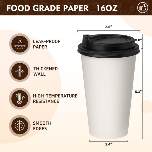 YEEHAW 100 Pack 16 oz Disposable Coffee Cups with Lids, Heat & Leak-proof Paper Cups, to Go Coffee Cups for Hot & Cold Beverage