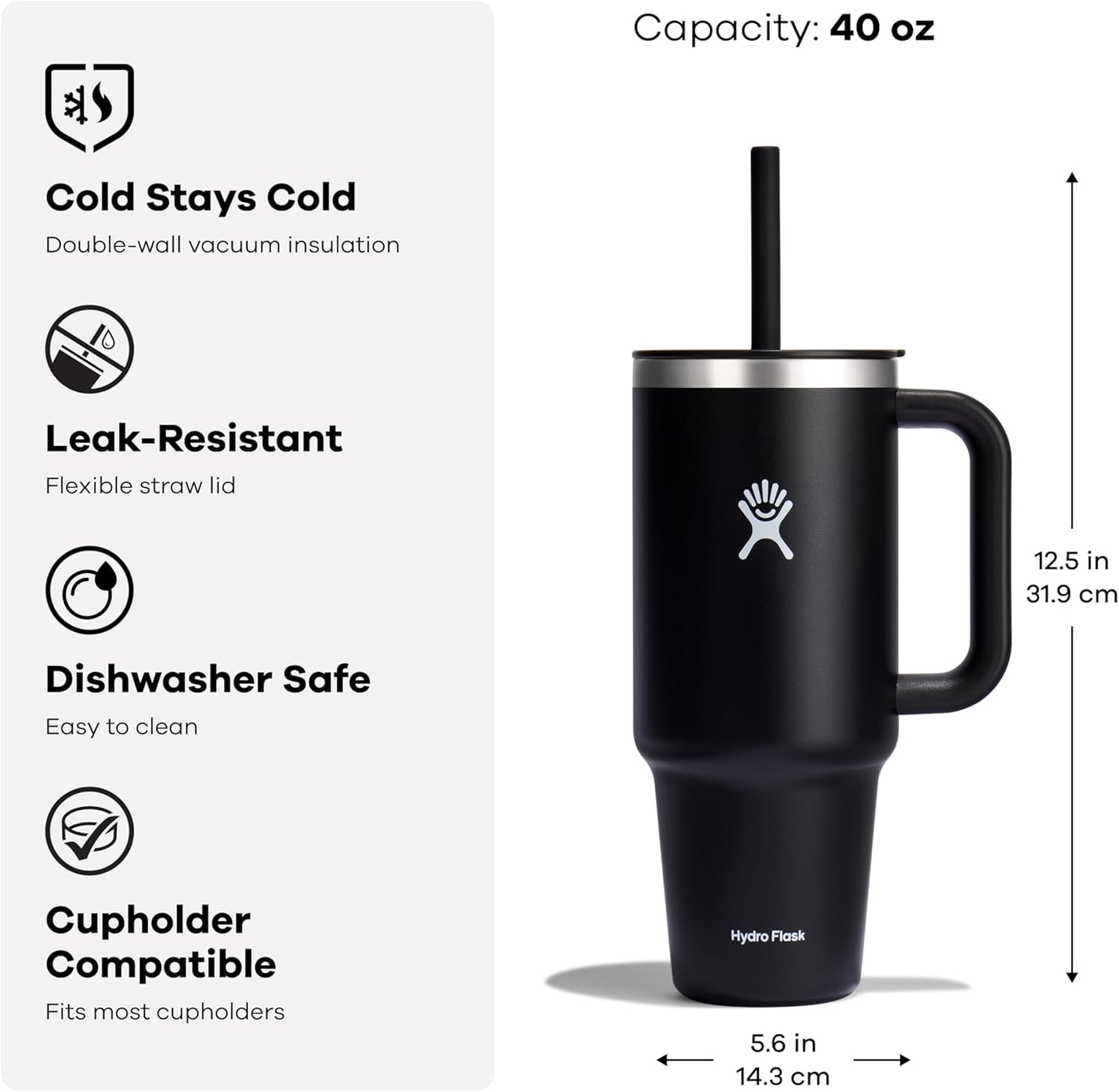 Hydro Flask Travel Tumbler with Handle, Lid and Straw - Insulated Stainless Steel in 40 Oz Ivory