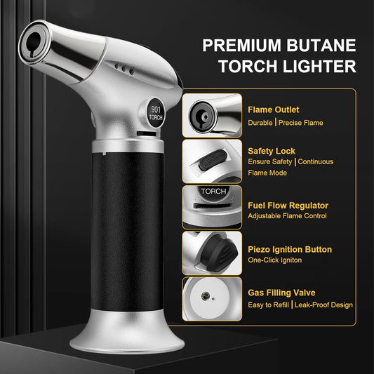 TBTEEK Butane Torch, Kitchen Torch Cooking Torch with Safety Lock & Adjustable Flame for Cooking, BBQ, Baking, Brulee, Creme, DIY Soldering(Butane Not Included)