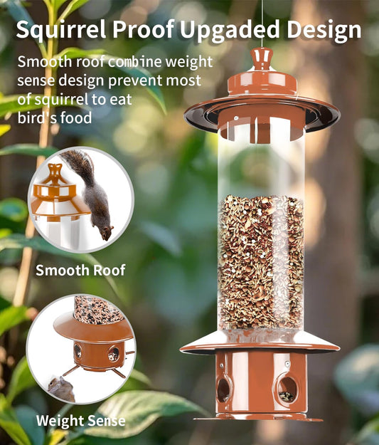 Squirrel Proof Bird Feeders for Outdoor: 4.8LB Large Capacity Hanging Bird Feeder, Weight-Activated Mechanism Wild Bird Feeders, Chew-Proof Metal Birdfeeder for Finch Cardinal Chickadee