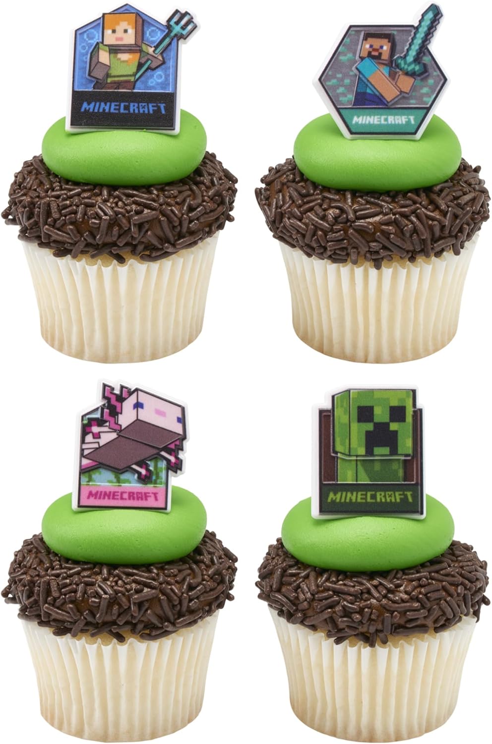DecoPac Minecraft Lush Finds Rings, Cupcake Decorations Featuring Creeper, Alex, Steve and Axolotl! Multicolored 3D Food Safe Cake Toppers – 24 Pack