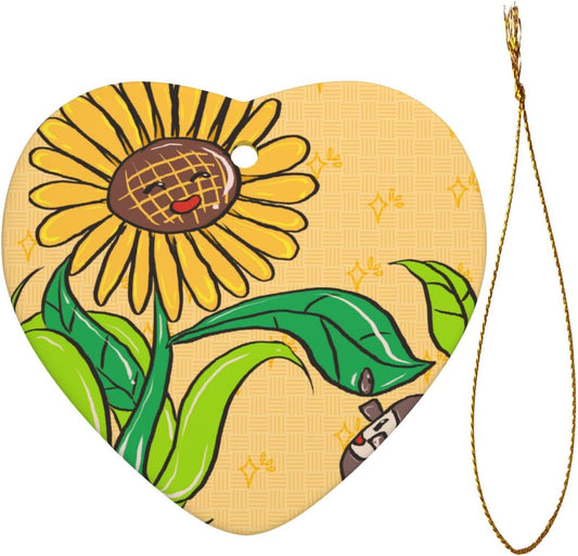 Sunflower Seeds and Sunflowers Heart-Shaped Ceramic Ornaments for Home Wall Decoration, Garden Parties, and Christmas Tree Decorations.