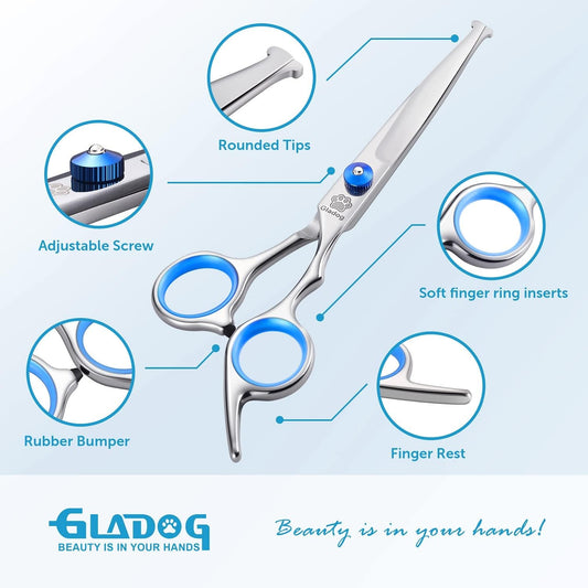 GLADOG Professional 5 in 1 Dog Grooming Scissors Set with Safety Round