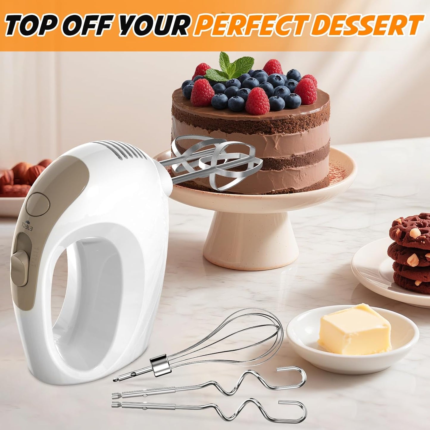 Hand Mixer - 5 Speed Portable Kitchen Mixer Electric Handheld with 5 Stainless Steel Accessories Whisk, Food Beater, Ivory
