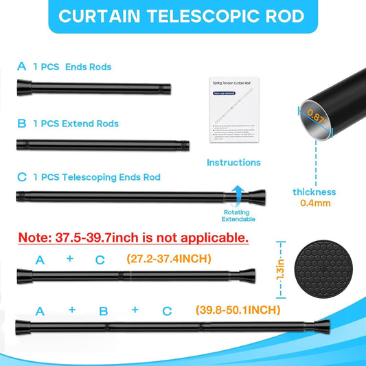 Black Spring Tension Curtain Rod 28-52 Inches, 7/8" Diameter Adjustable Shower Curtain Rod No Drill, Anti-slip Heavy Duty Spring Curtain Rod for Windows Bathroom Kitchen Closet Doorway