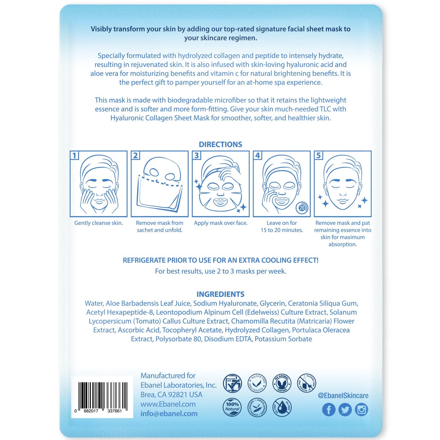 Ebanel 20 Pack Collagen Face Mask with Hyaluronic Acid, Vitamin C, Pep