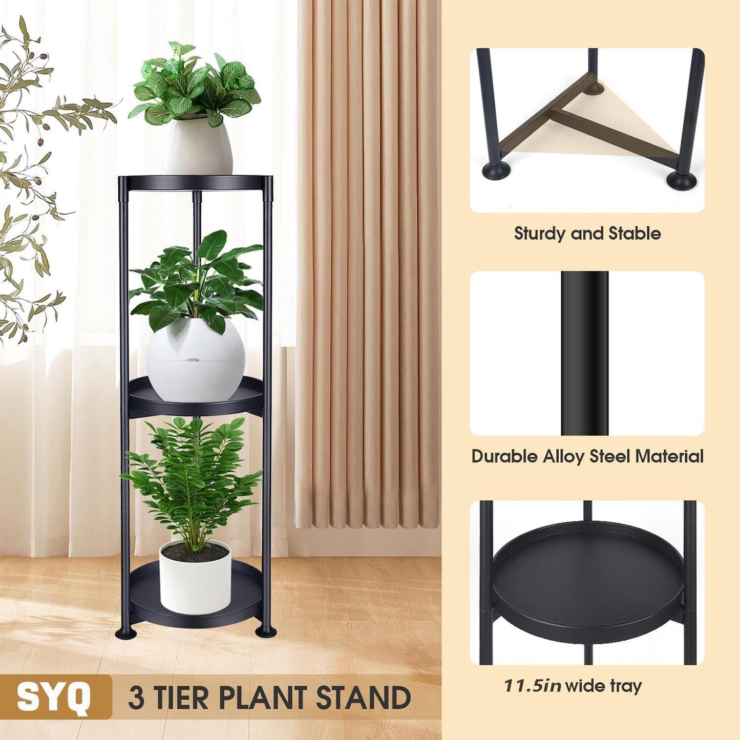 SYQ 3 Tier Plant Stand Indoor Outdoor - 34'' Extra-Tall Metal Plant St
