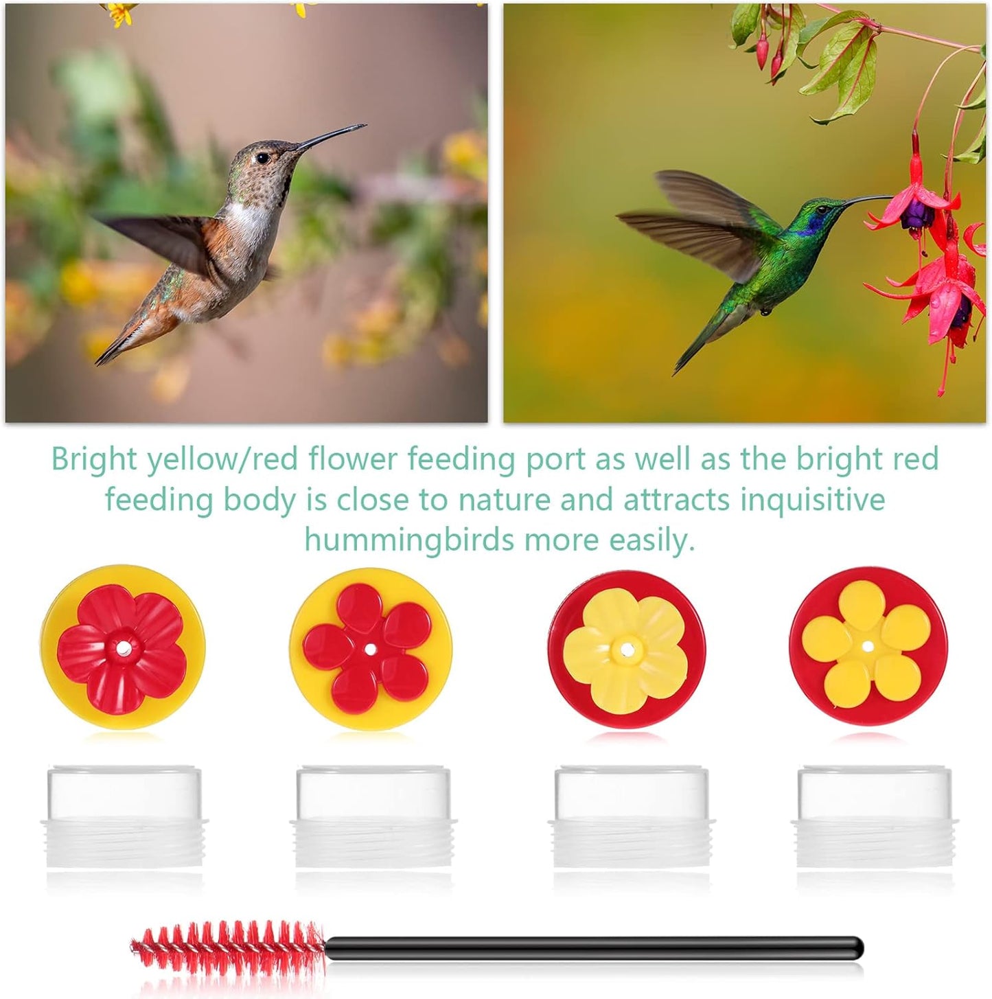 Hand Hummingbird Feeder 4 Pieces Window Flower Hummingbird Feeder Wild Bird Feeders with Cleaning Brush for Outdoor Supplies, Red and Yellow
