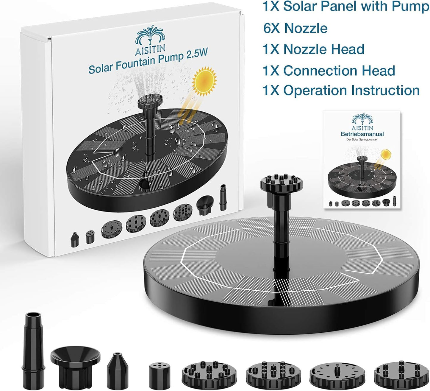 AISITIN Solar Fountain Pump 2.5W, 6.7" Solar Powered Water Fountain Pump for Bird Bath, solar pump for fountain with 6 Nozzles for Garden, Ponds, Pool, Fish Tank, Outdoor and Aquarium