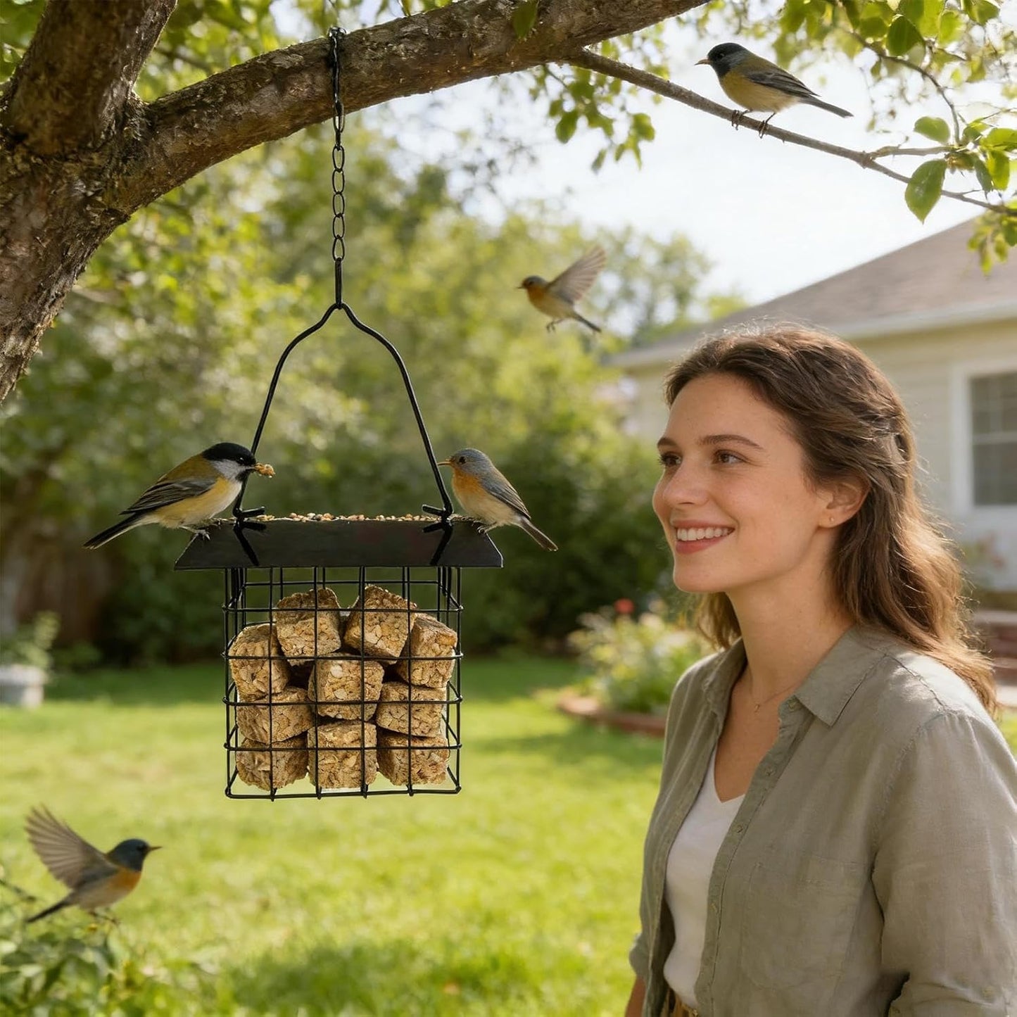 Hanging Seed Feeder, Squirrel Resistant Bird Feeder, Metal Build with Easy Filling, Large Capacity Outdoor Feeders for Finches Hummingbirds Chickadees, Backyard Decor with Practical Design