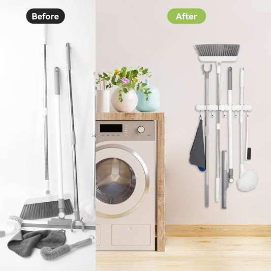 OTraki Broom Holder Wall Mount, Heavy Duty Wood Mop and Broom Organizer with 5 Slots and 4 Hooks, Garden Tool Hanger for Laundry Room Closet Kitchen Garage Storage and Organization