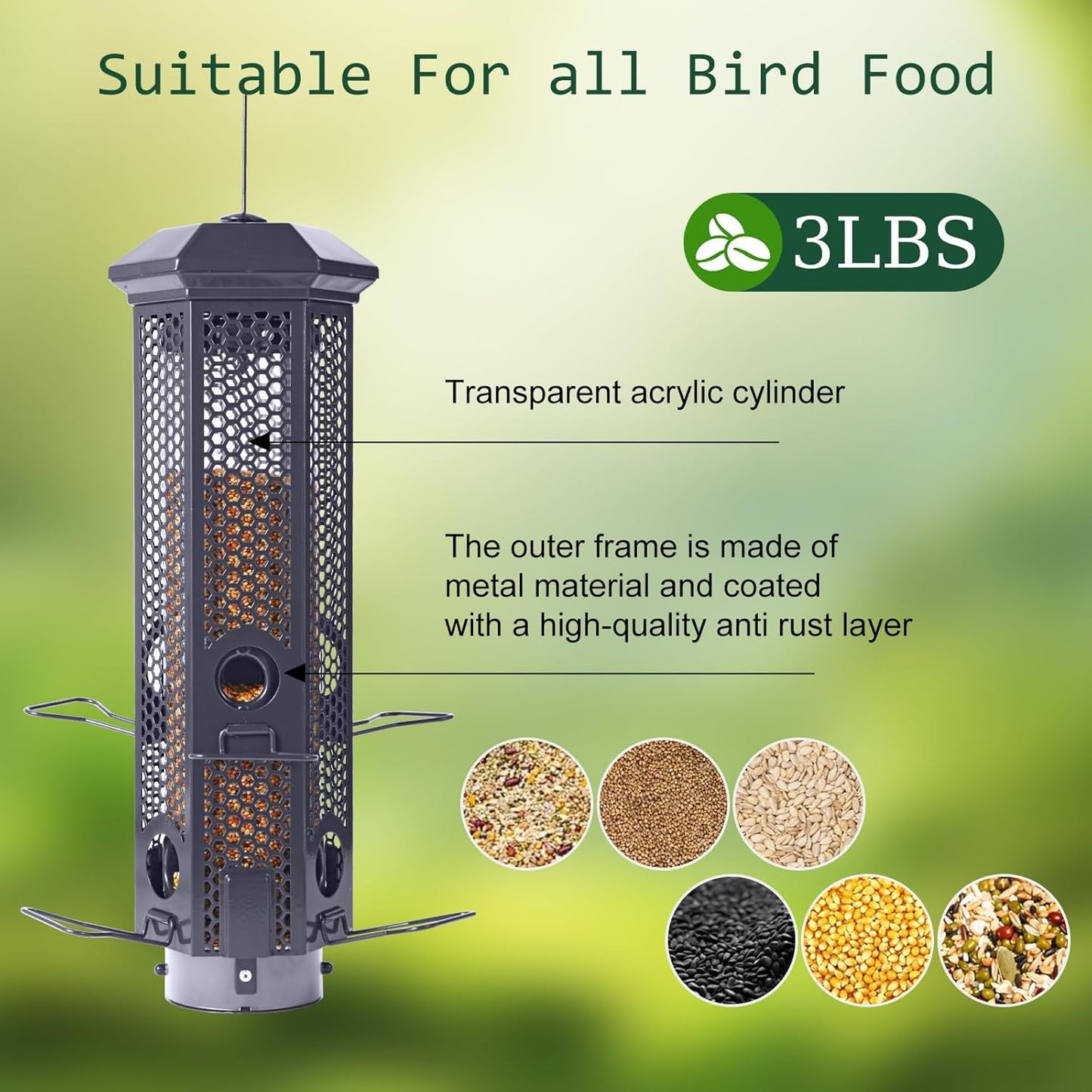 Squirrel Proof Bird Feeders with Removable Base, Metal Wild Bird Feeder for Outdoors Hanging, 6 Weight-Activated Ports Perches, 3LB Seed Capacity(Gray)