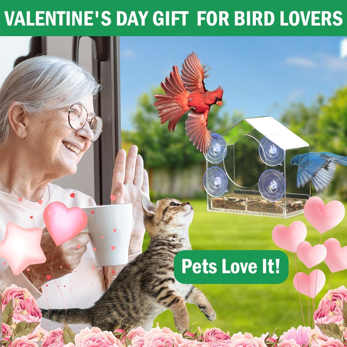 Clear Window Bird Feeder with Slide-Out Removable Tray - 4 Strong 2.36 Inch Suction Cups Acrylic House - See-Through Window Feeders for Outside - Bird Watching for Mom, Cats & Elders
