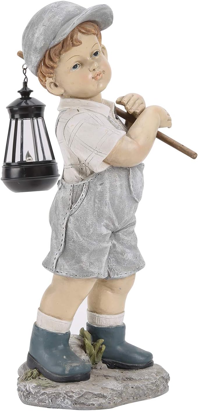 Solar Boy Statue, Boy Garden Statues with Solar Lantern for Garden, Patio, Lawn, Yard, Housewarming, Hand-Painted Sculpted Figure, 17.5”H