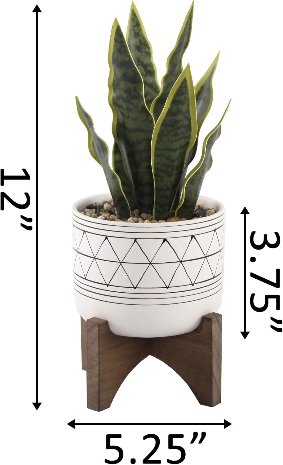 Flora Bunda Large 12" Realistic Looking Artificial Snake Plant in Geo Paint Ceramic Pot with Wooden Stand for Outdoor Indoor Home or Office Décor Artificial Plant, Fake Plant