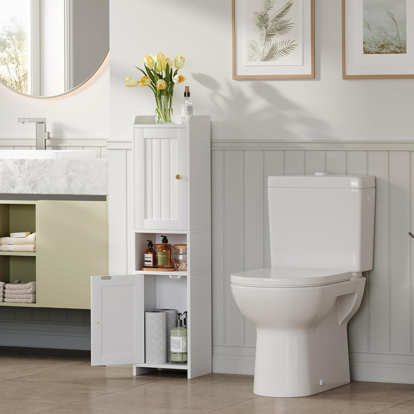 Bathroom Cabinet with 2 Doors, 7.3 x 9.8 x 40.4 Inches, Small Freestan