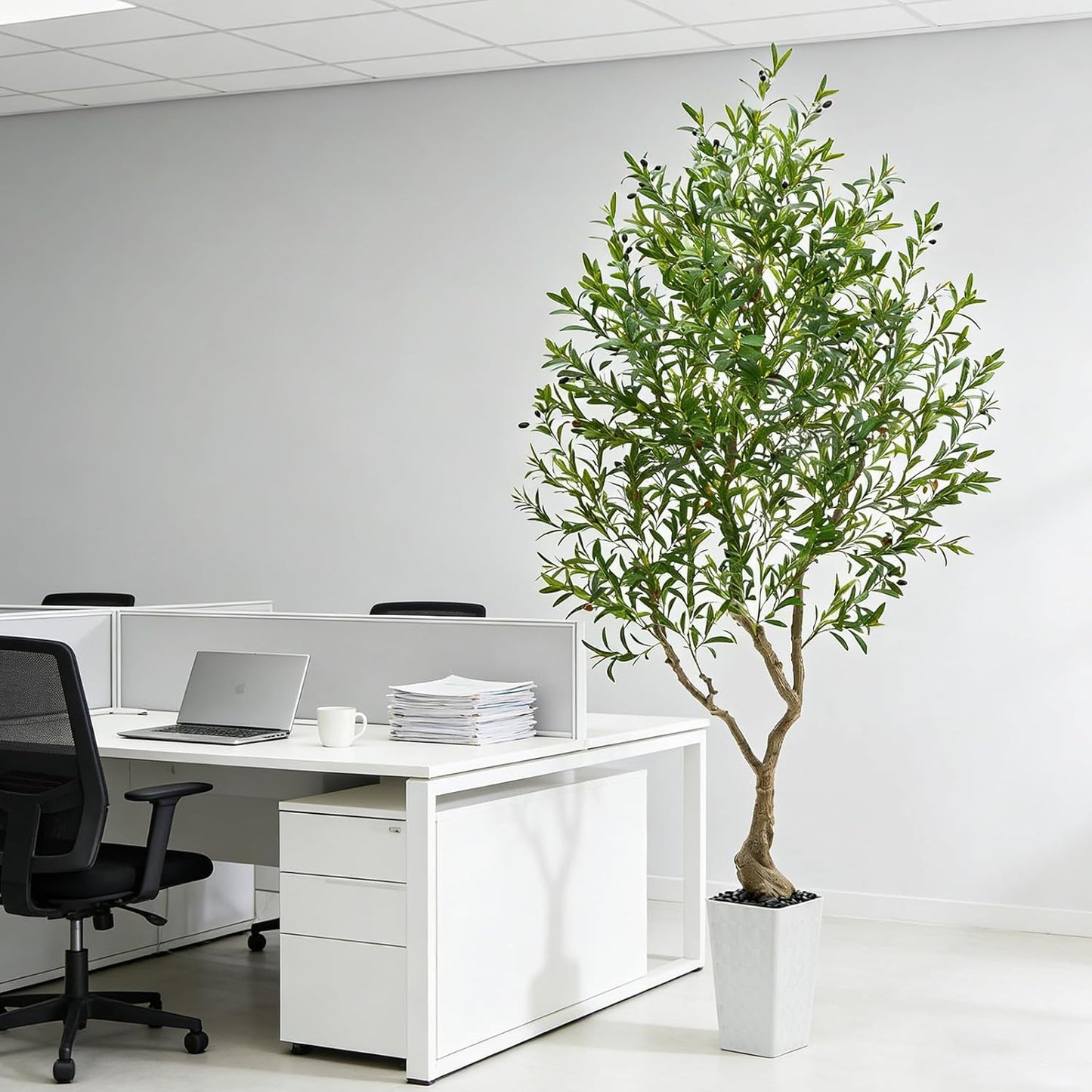 Artificial Olive Tree, 8FT Tall Faux Olive Trees with White Tall Planter & Pebbles, Fake Silk Plant with Natural Trunk & Lifelike Fruits, Fake Tree for Home Office Living Room Indoor Outdoor Decor