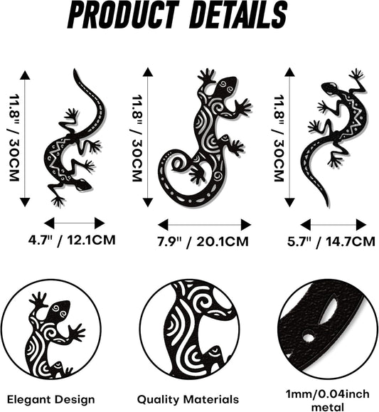 YATEASLU Outdoor Wall Art Metal Gecko Sculpture Elegant Black Patio Wall Decor Outdoor Fence Southwestern Style Decor for Garden, Patio or Home (Pack of 3)