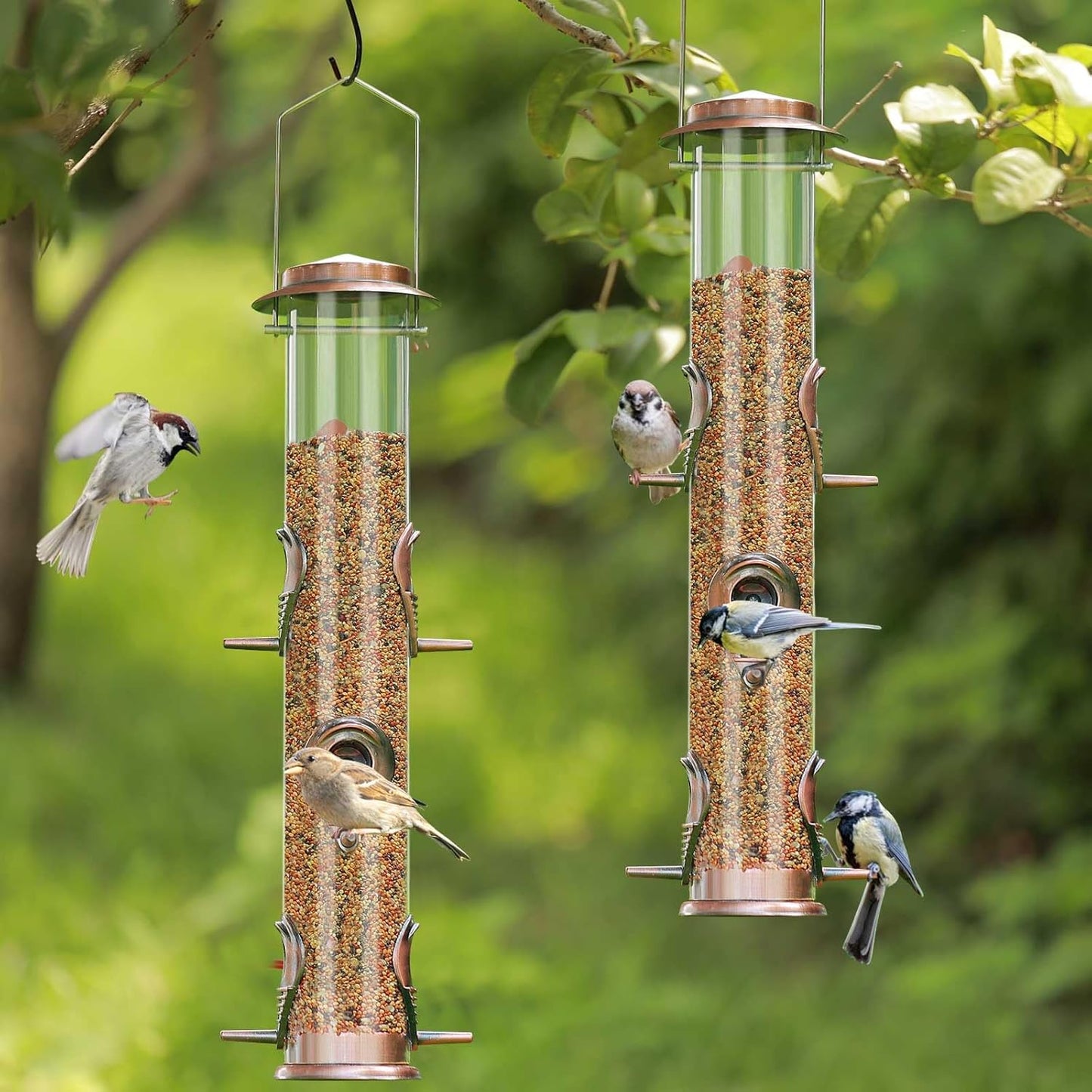 ERYTLLY Metal Bird Feeder for Wild Birds - 1.4mm Extra Thick Solid Transparent Tube With Steel Hanger, Squirrel Proof for Outside (Antique Copper-Metal 6 Feeding Ports)