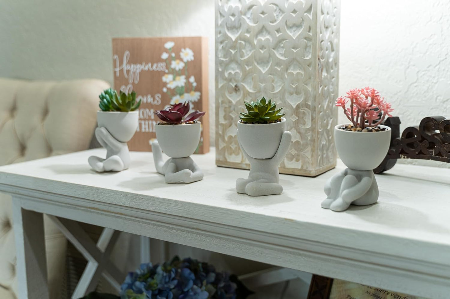 4 PCS Mini Ceramic Human Shaped Potted Artificial Succulent Plants Matte Gray for Home Office Desk Farmhouse Room Decor.