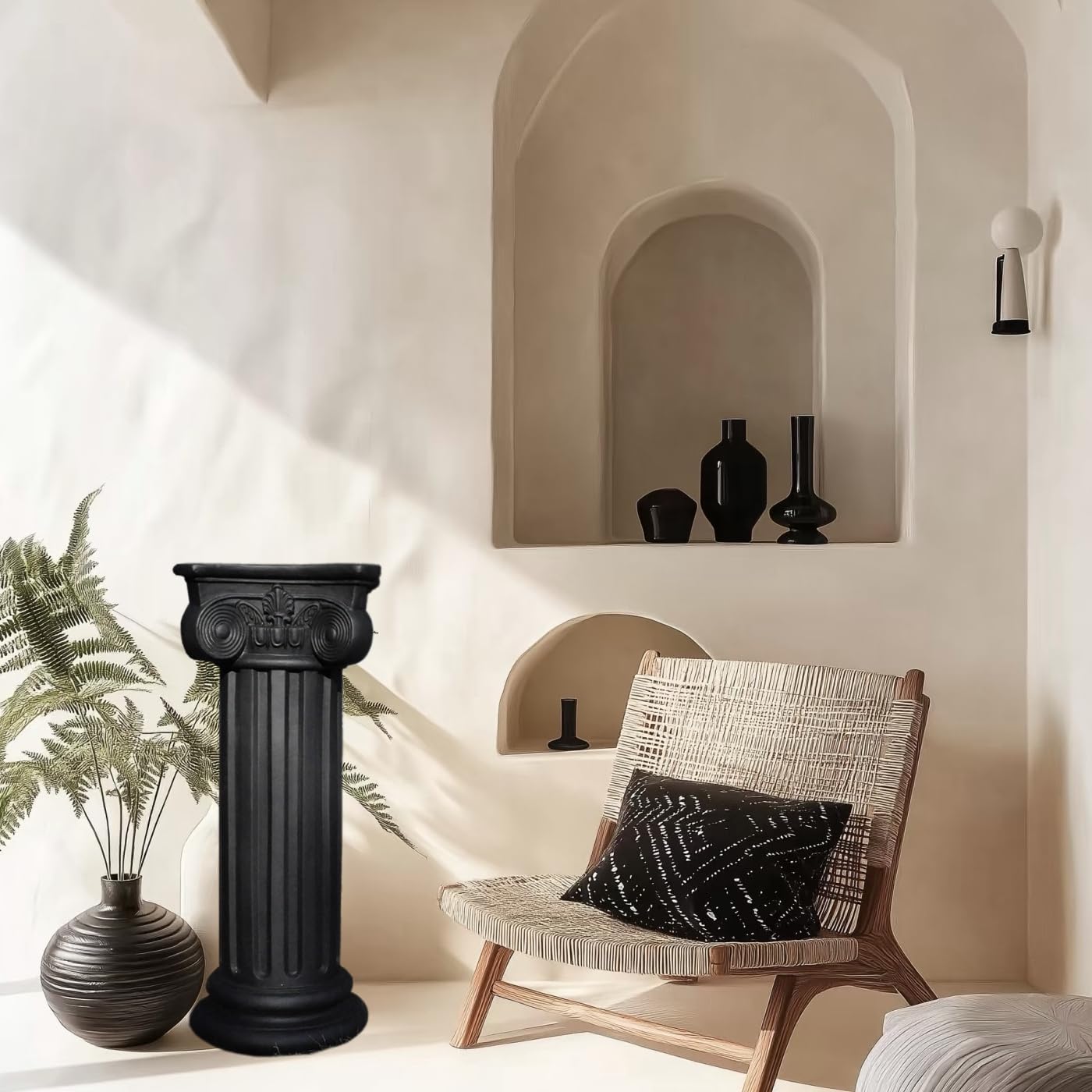 Classic Magnesium Oxide Greek Roman Column Pillar for Indoor & Outdoor Use, Vinatge Architectural Decoration for Statues Plants, Vases, Books for Home, Office, Garden, Backyard, Patio, Wedding or Event Dispalys, 28.7”High (Black)