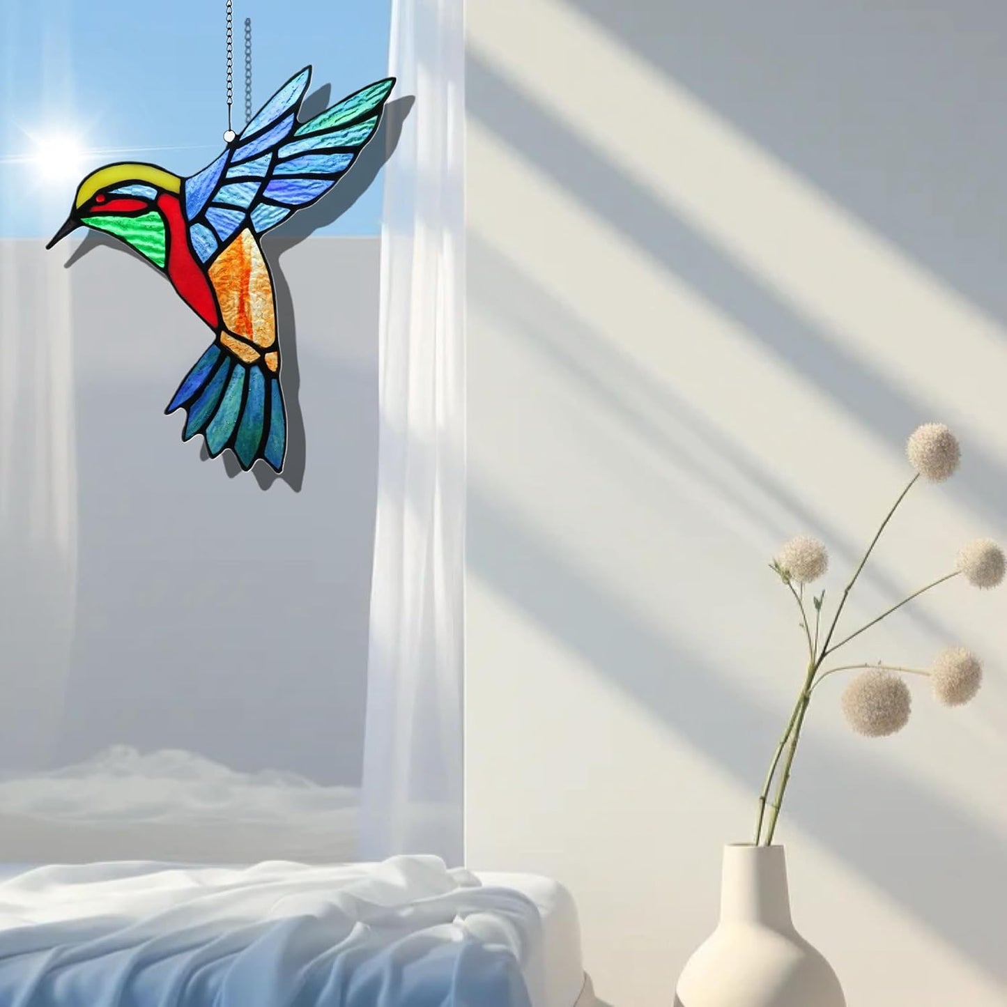Birds Stained Glass Window Hangings, Handmade Hummingbird Gifts Suncatcher for Window Decor,Sun Catcher Bird Decoration Gifts for Mom,Bird Lovers (Blue-Winged)
