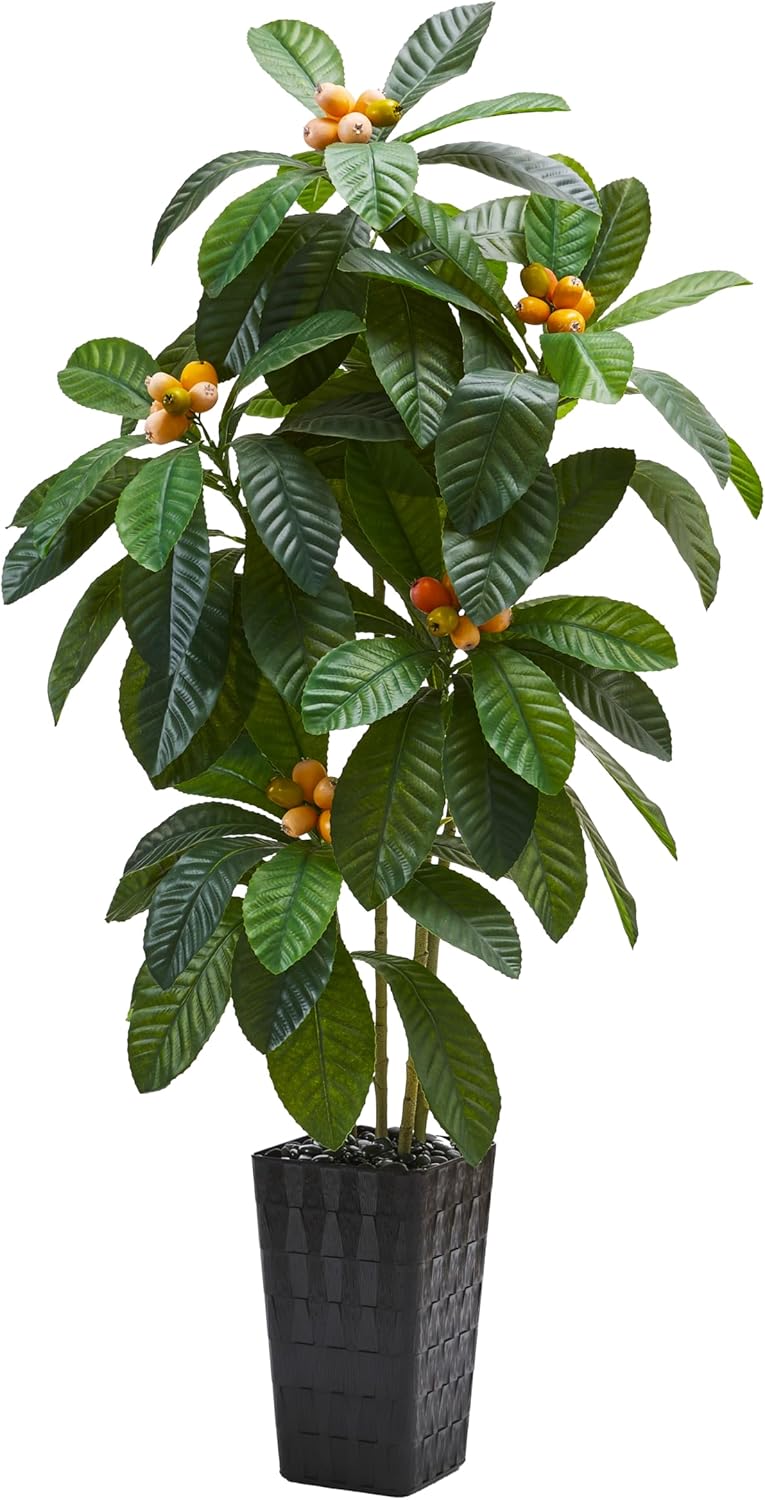 5FT Artificial Tree with Fruit, Artificial Loquat Tree, Large Fake Green Tropical Fruit Tree Silk Floor Plants Indoor with Black Planter for Outdoor Home Room Office Patio Decor