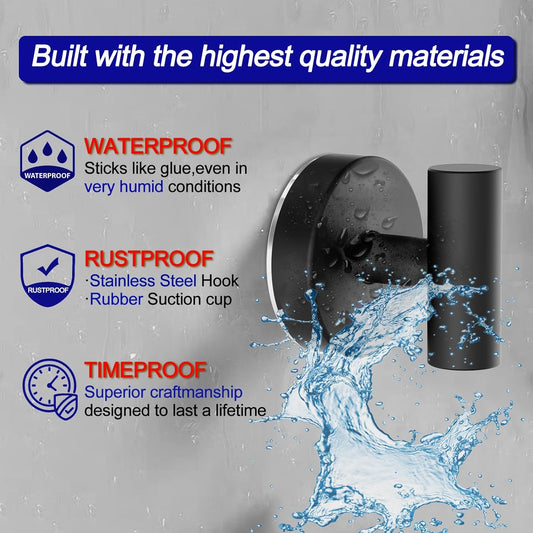 Suction Cup Hooks, Removable Shower Hooks for Inside Shower – Towel Hooks for Bathroom Window Glass Mirror Tile, Bath Robe Looafh Hook for Hanging – Waterproof & Rustproof, Black (2 Pack)