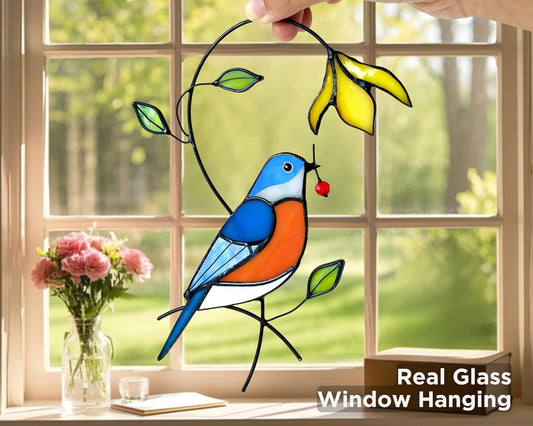 Bluebird Flower Stained Glass Window Hanging for Women, Mom, Grandma - Handmade Real Glass Bird Suncatcher - Elegant Gifts Box Home Decor (H7.7xW5.3 inch)