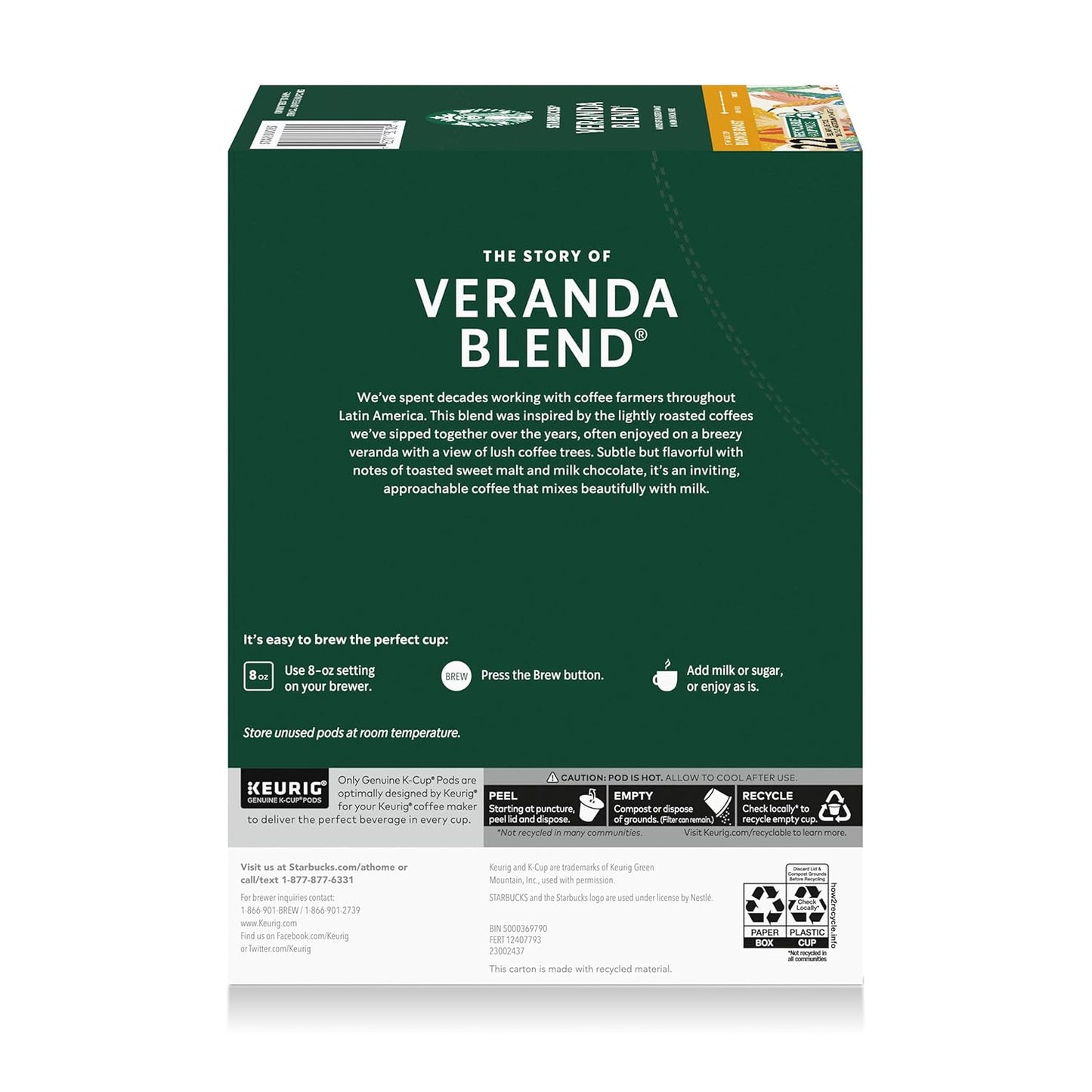 Starbucks K-Cup Coffee Pods, Blonde Roast Hot or Iced Coffee, Veranda Blend, 22 Keurig Pods