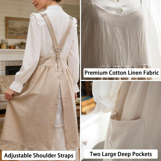 Uaussi Cotton Linen Apron Cross Back Work Apron for Women with Pockets