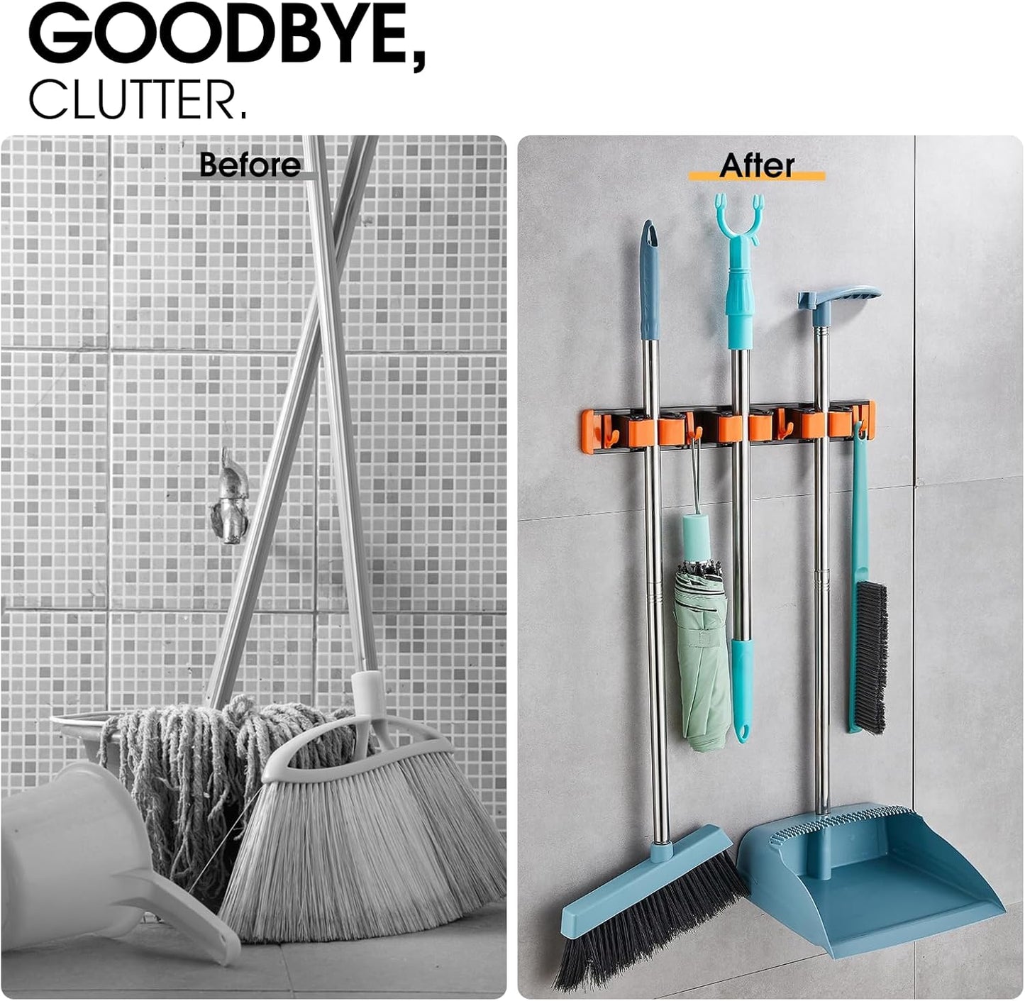 Unjumbly Broom Holder Wall Mount, Drilling Free Mop and Broom Holder with 2 Over Door Hooks, Tool Organizer for Laundry Room, Garage, Kitchen, Closet, Bathroom, Pantry - Orange