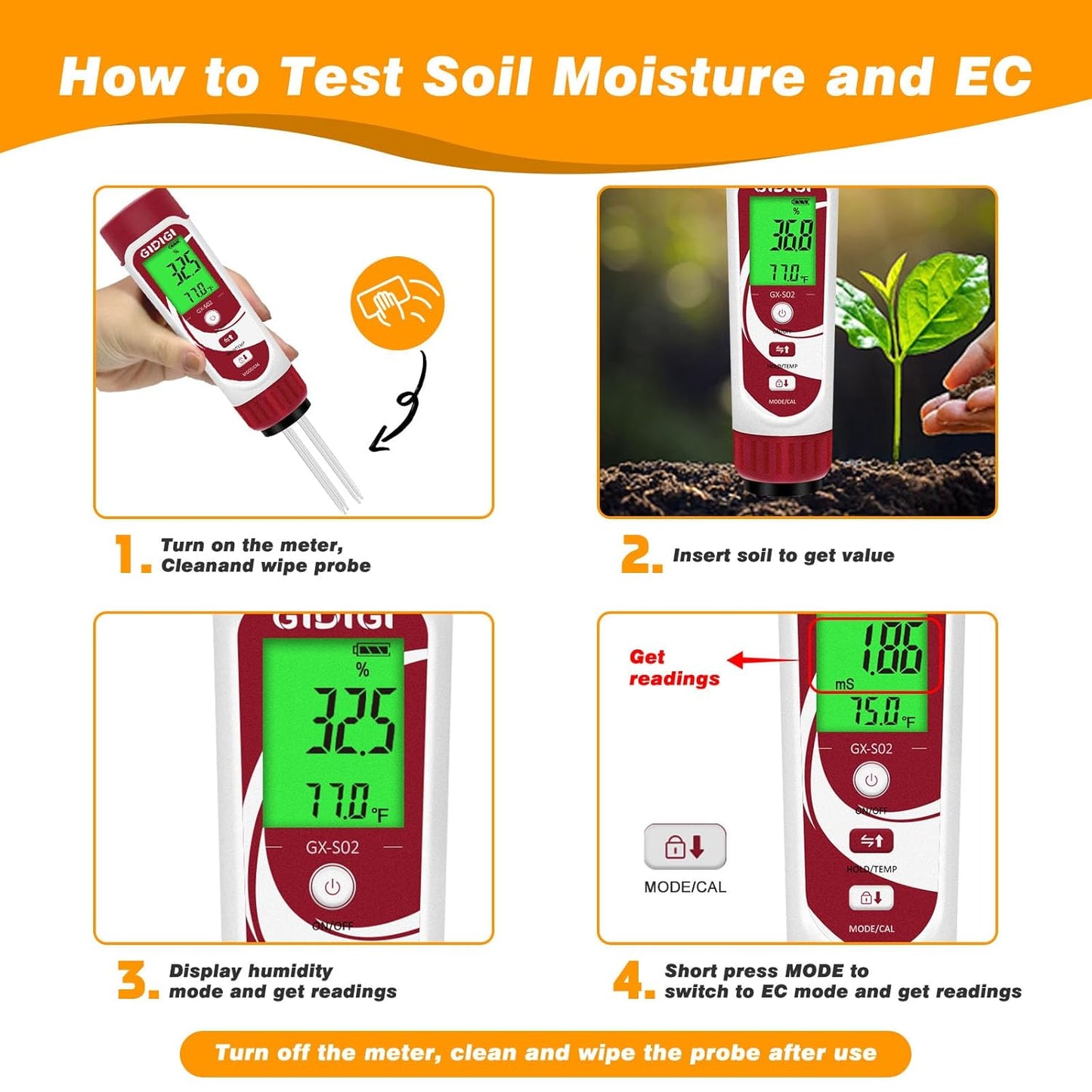 Moisture Meter for Plants, 3 in 1 Digital Soil Moisture Meter,Soil Moisture Meter and Soil EC Meter for Farms, Gardens, Orchards, Home Planting, Indoor Plants, Composting and Other Scenarios