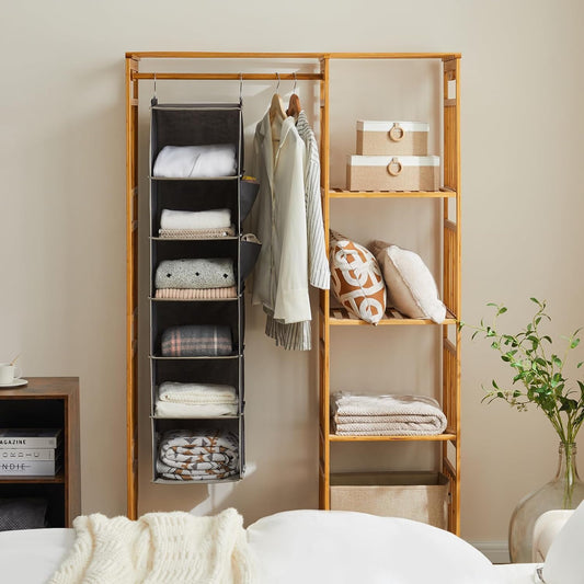 YOUDENOVA Hanging Closet Organizer and Storage, 6-Shelf Closet Hanging Storage Shelves, Grey