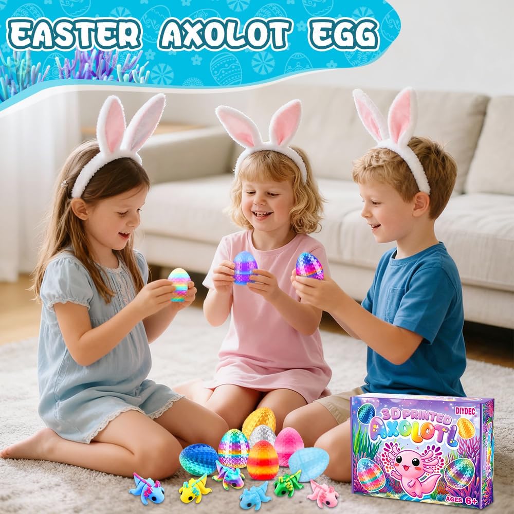 DIYDEC 24pcs Easter 3D Printed Animals Axolotl Figurines with 3D Printed Eggs Mini Fidget Toys for Kids Boys Girl Easters Basket Stuffers School Classroom Prizes Egg Hunt Party Favors Gifts