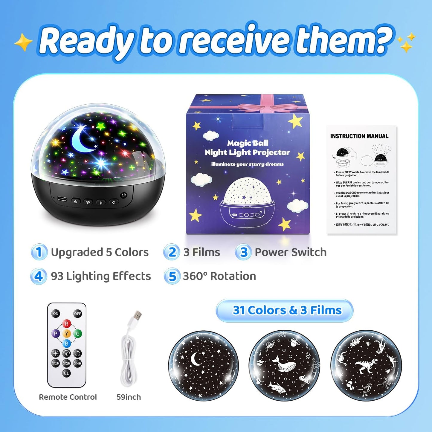 COOLNIGHT Night Light for Kids,93 Lighting+3 Films Kids Night Light Projector,Remote+Dimmable Star Projector,360Β° Ceiling Stars Glow in The Dark Stars,Christmas Gifts for 4 Year Old Boy Birthday Gift