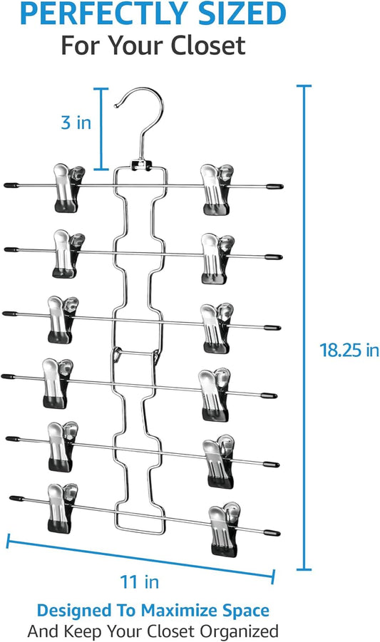 ZOBER 3-Pack 6-Tier Skirt Hangers with Clips - Pants Hangers with Clips Space Saving, Closet Organization, Swivel Hooks, College Dorm Essentials, Skirt Hangers for Women, Jeans Organizer for Closet