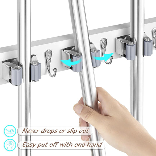 2 Pack White Mop Broom Holder Wall Mount with 3 Slots & 4 Hooks - Rust