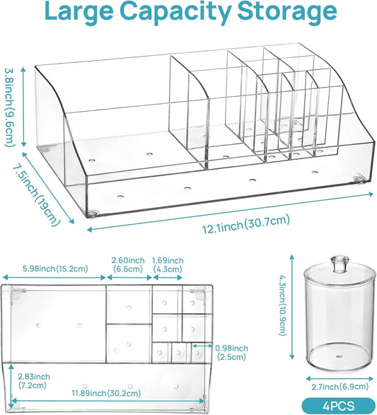 Vtopmart 5 PCS Bathroom Countertop Organizer, 1 Divided Tray with 4 Qtip Holder Jars, Restroom Clear Organizers for Toothbrush, Cotton Pads Balls, Floss, Bathroom Vanity Accessories Storage Set