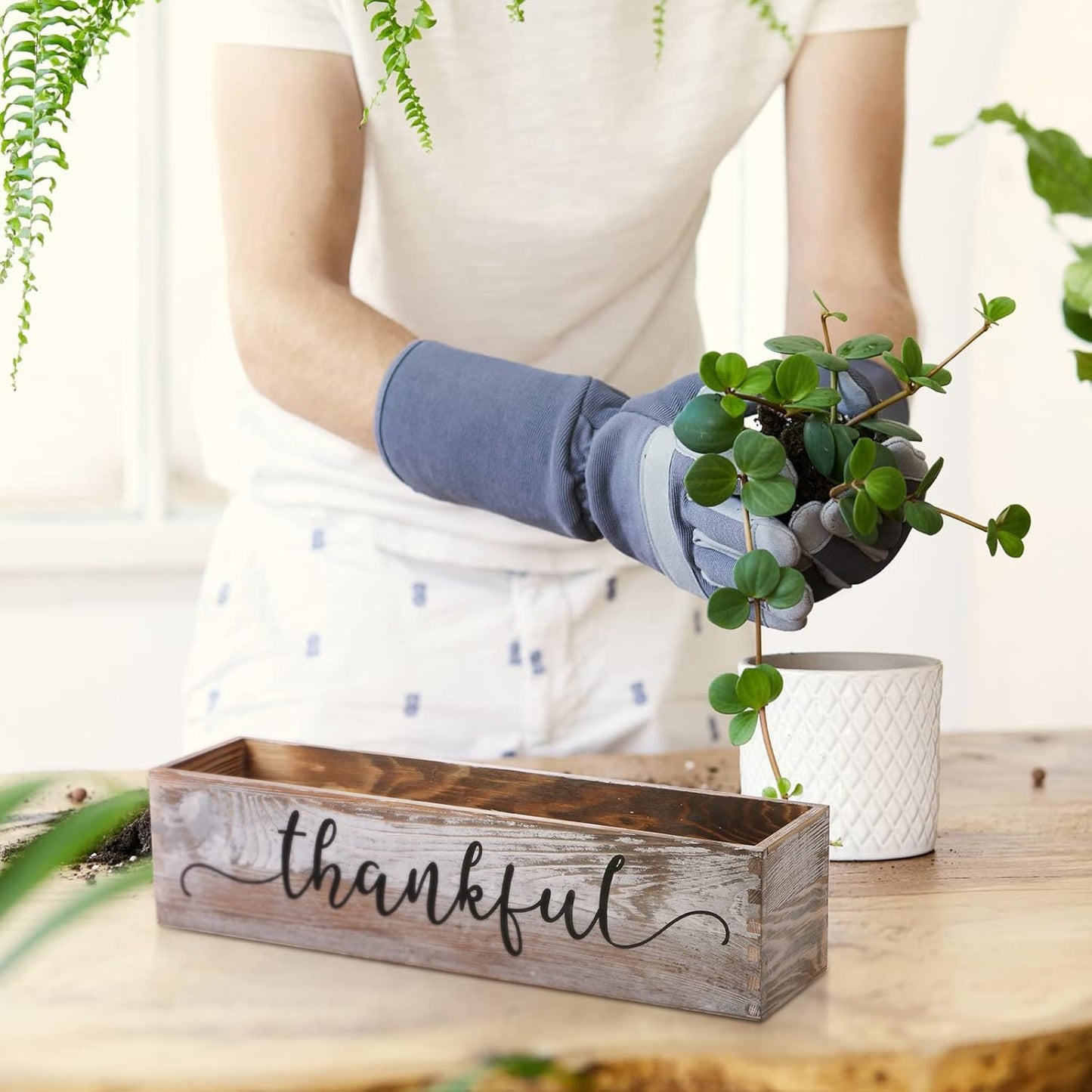 Patelai 1 Pcs 15.7inch Centerpiece Table Decorations Wood Planter Rectangular Planter Decorative Window Planters Rustic Wooden Box Floral Natural Centerpieces for Wedding Decor(Thankful Style)