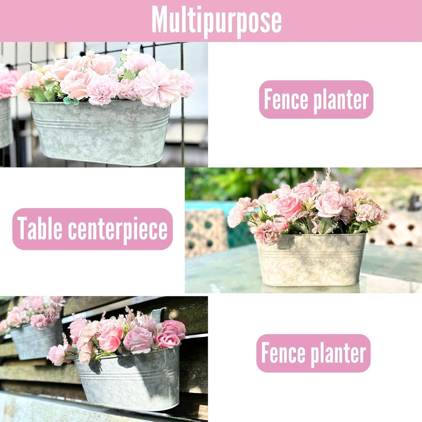 LaLaGreen Outdoor Rail Planter (11.2 Inch, 2 Pack) Silver Metal Iron Hanging Flower Pots Deck Railings Fence Buckets Modern Countryside Boho Style Wall Mount Window Box Plant Holder Hooks Porch Decor