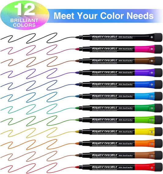 Magnetic Dry Erase Markers Fine: 12 Colors Erasable Whiteboard Markers