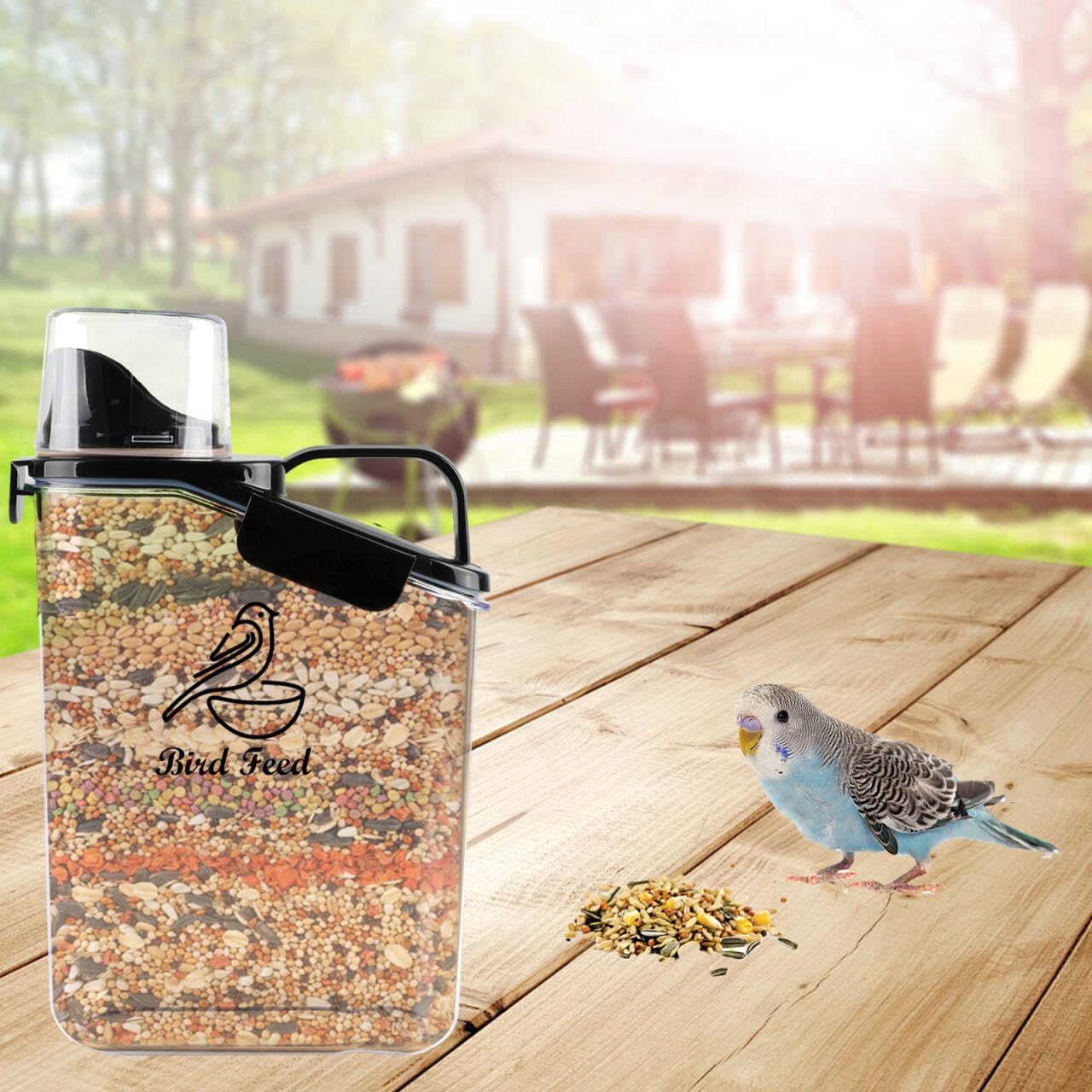 Geyecete Bird Seed Storage Container Portable-3 Qt/2.8 L Clear Plastic Airtight Wild bird Seed Dispenser food container with Measuring Cup |BPA Free